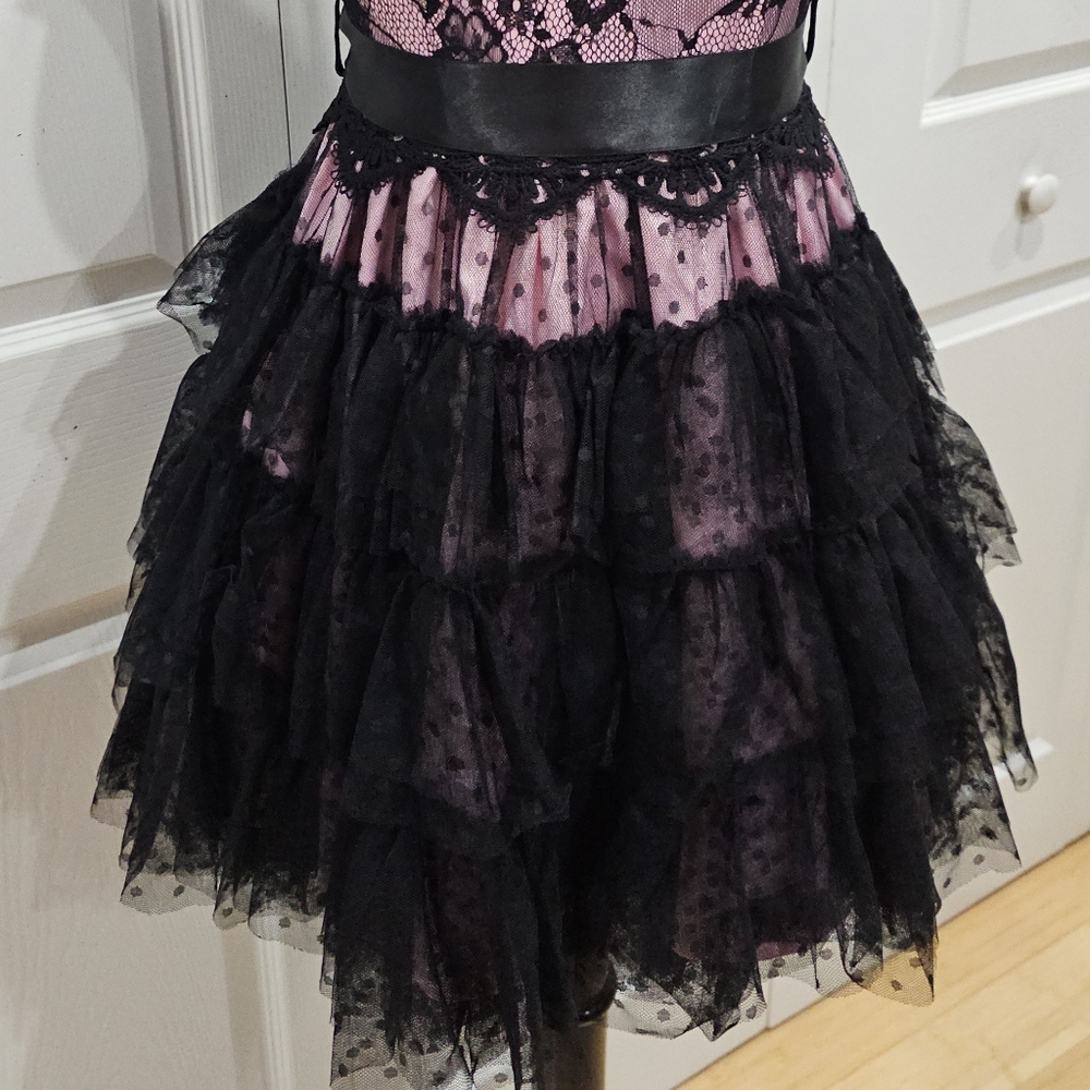 Dolls Kill Unholy Goth Rehearsal Party Pink Black Tiered Lace Mini Dress XS - Picture 5 of 9